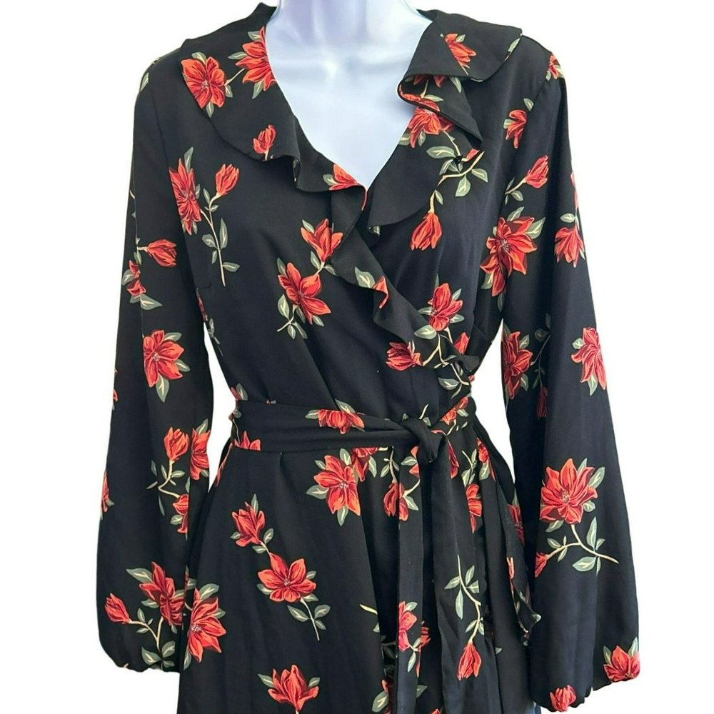 Draper James RSVP Women's Black Red Floral Midi Dress Size Medium V Neck